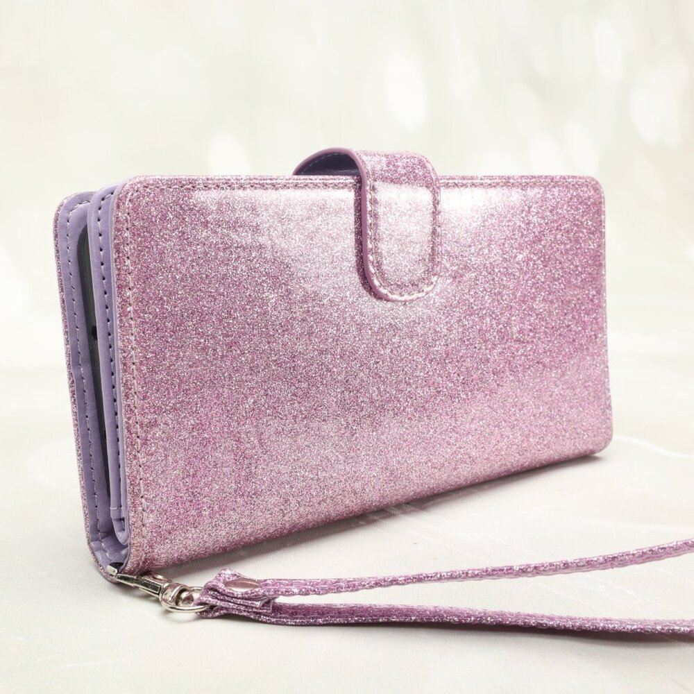 Women's Glittered Samsung Galaxy Z Fold 4 Wallet Case Wristlet Organizer Purple